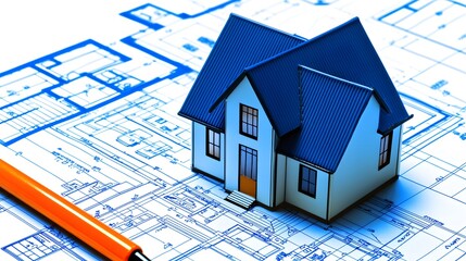 3D Model House on Blueprint Plans for Construction and Architecture