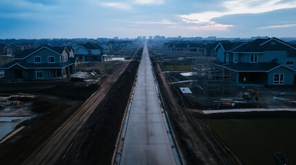 Fototapeta premium A wide-angle aerial image of a vast housing complex, with half-built houses, workers on scaffolding, and roads being paved.