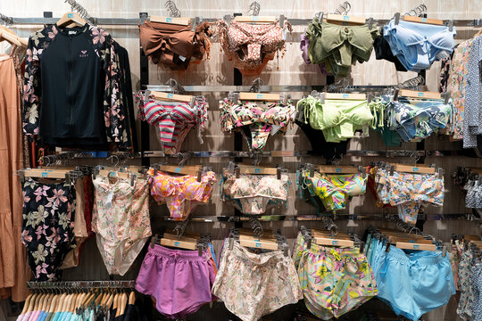 Bangkok, Thailand - October 10, 2024: a selection of Roxy swimwear is displayed at the Quiksilver store. Roxy is Quiksilver's brand for women's clothing and accessories.