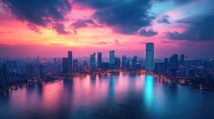 Fototapeta premium Vibrant City Skyline at Sunset Over Water