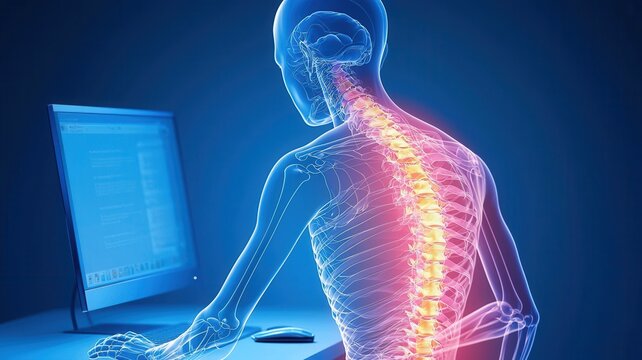 Medical illustration showing spinal strain from hunching over computer, revealing postural stress affecting musculoskeletal wellness and ergonomic challenges