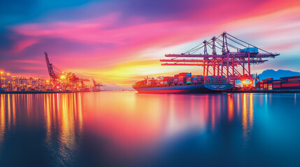 Obraz premium Container truck in ship port for business Logistics and transportation of Container Cargo ship and Cargo plane with working crane bridge in shipyard at sunrise, logistic import export and transport