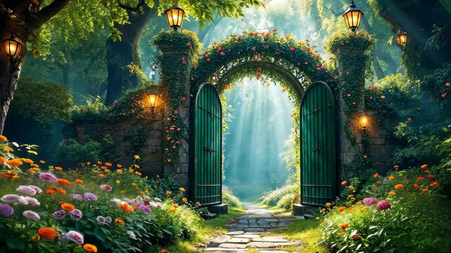 Enchanted Garden Gate: A verdant, blossoming garden leads to an arched doorway with double wooden doors, bathed in the golden light of the sun.  The path beckons you to discover what lies beyond.