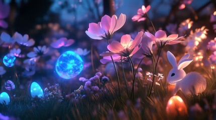 Magical night scene with glowing orbs, rabbit, and luminous flowers.