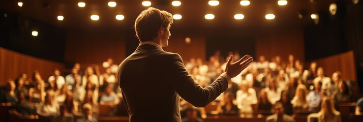 Obraz premium A speaker stands confidently in front of a large audience, engaging them with a presentation under bright stage lights.