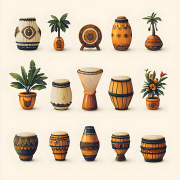 Brazilian traditional percussion instruments and tropical plants representing brazilian culture