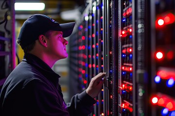 A data center technician inspecting server racks with blinking LED indicators