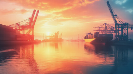 Obraz premium Container truck in ship port for business Logistics and transportation of Container Cargo ship and Cargo plane with working crane bridge in shipyard at sunrise, logistic import export and transport
