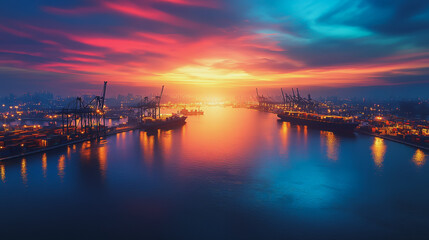 Container truck in ship port for business Logistics and transportation of Container Cargo ship and Cargo plane with working crane bridge in shipyard at sunrise, logistic import export and transport