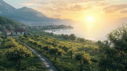 Peaceful 3D Hamlet beneath Towering Pines