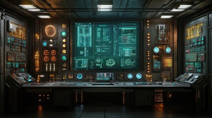 Obraz premium Futuristic Control Room With Advanced Technology Displays