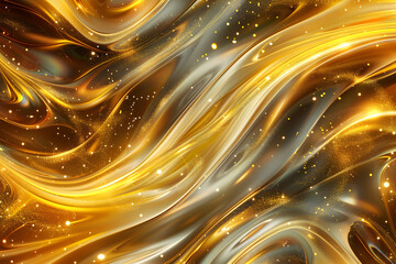 Abstract golden and silver fluid waves with sparkling particles creating a luxurious background