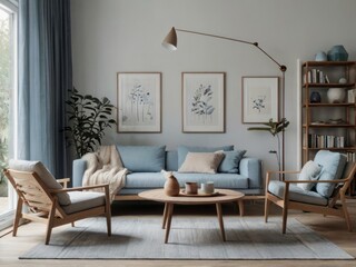 Serene Living Room Decor Light Blue Sofa Wooden Chairs