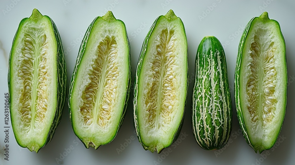 Poster halved green cucumbers and one whole cucumber displayed neatly