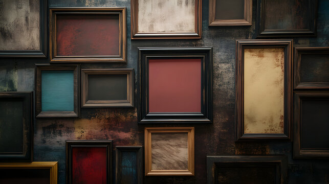 un fondo de una pared o muro decorativo con marcos o porta retratos vacios con estilo vintage artistico dise&ntilde;o y adornos de madera antigua