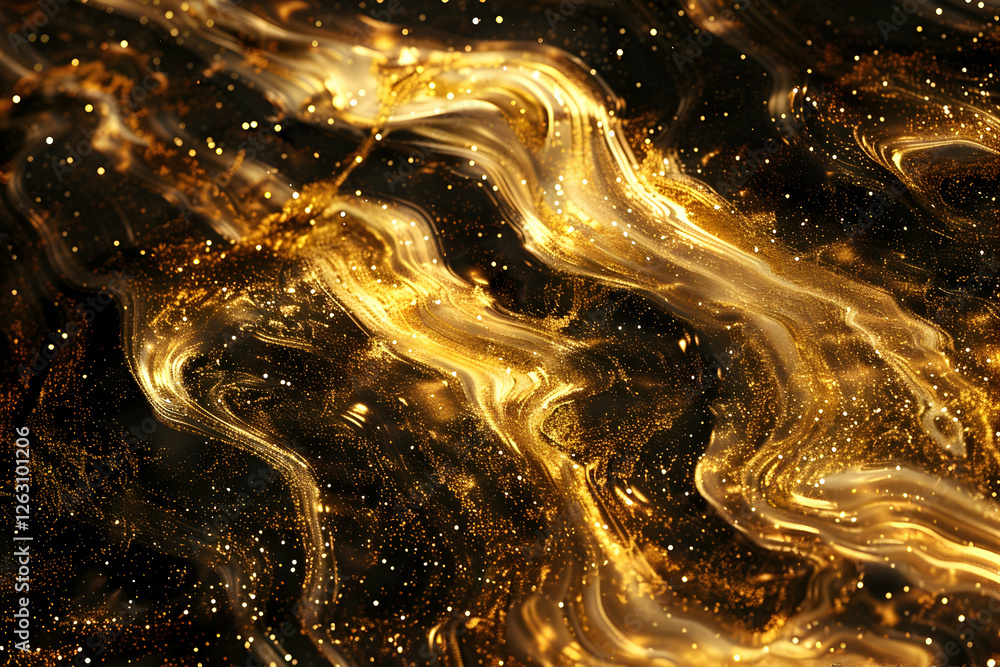 Poster abstract golden and black fluid waves with shimmering particles creating a luxurious background
