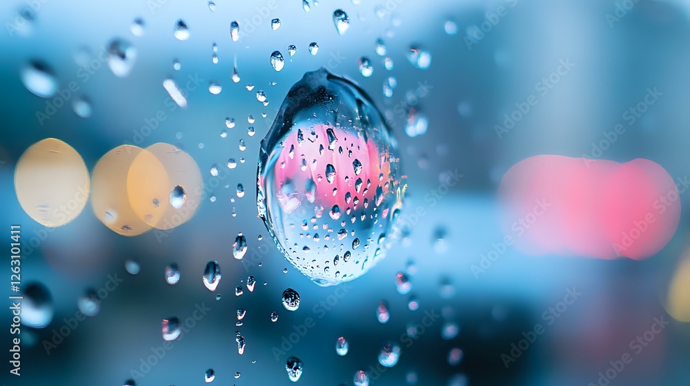 Poster water drops on glass with pink bokeh light creating magical macro photography effect, natural abstra