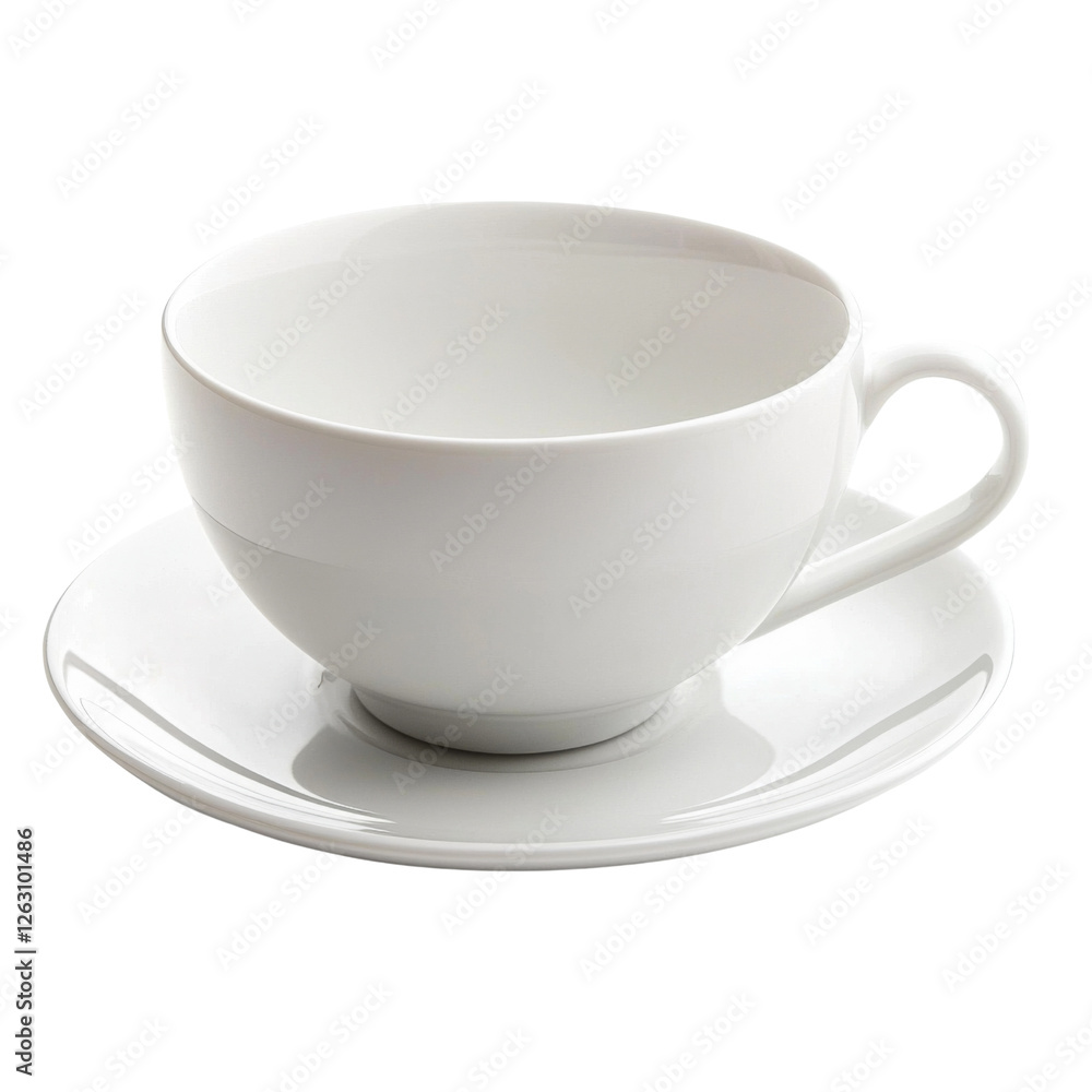 Poster simple white cup and saucer set, perfect for serving tea or coffee. elegant design adds touch of sophistication to any table setting