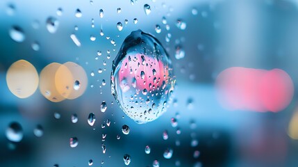 Water drops on glass with pink bokeh light creating magical macro photography effect, natural abstract background with shallow depth of field and blurred city lights.