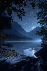 Serene Moonlit Night Unveiling Nature's Tranquility and Mystical Beauty Across a Reflective Lake