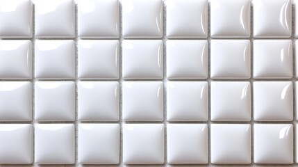 Fototapeta premium A clean, glossy white tile pattern arranged in a grid, showcasing square tiles with a reflective surface.