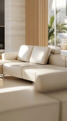 Modern minimalist cream sofa with elegant design and high details in a spacious interior