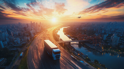 Container truck in ship port for business Logistics and transportation of Container Cargo ship and Cargo plane with working crane bridge in shipyard at sunrise, logistic import export and transport