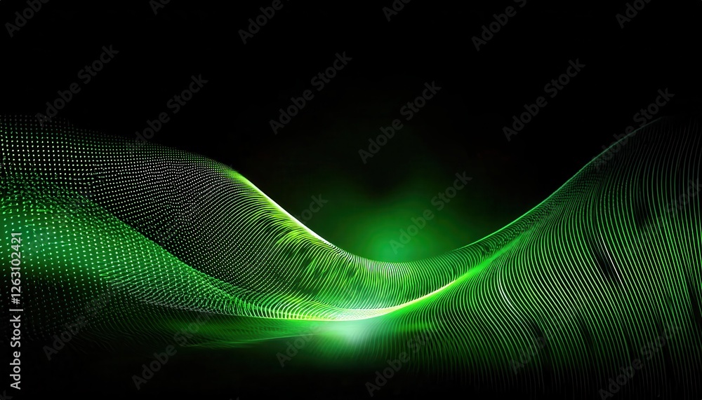Poster futuristic green wave with digital particle flow on black background, abstract technology concept fo