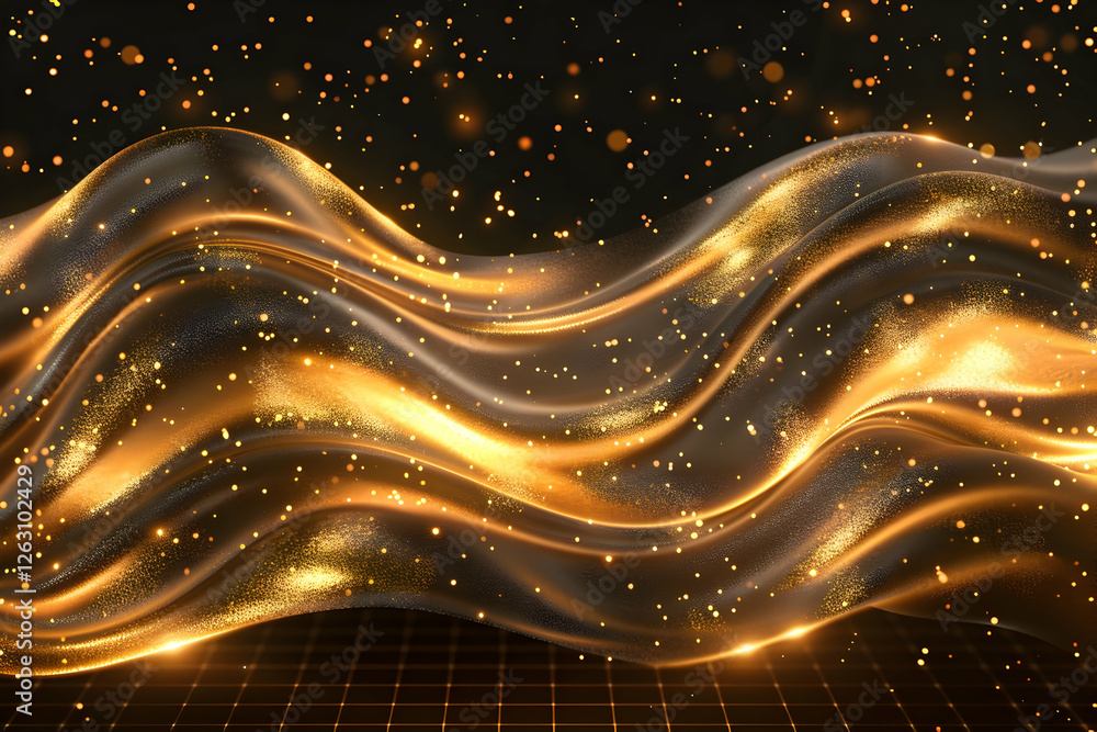 Poster shimmering golden waves with sparkling particles create a luxurious background ambiance
