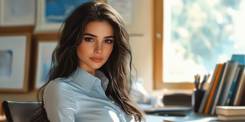 Young woman works diligently in a bright office, displaying focused determination and a polished professional appearance