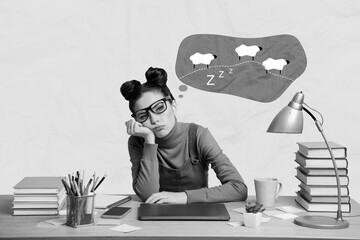 Exclusive magazine picture sketch collage image of bored tired lady sitting working table counting...