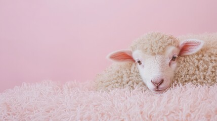 Fototapeta premium Adorable Fluffy Lamb Resting on a Pink Surface
