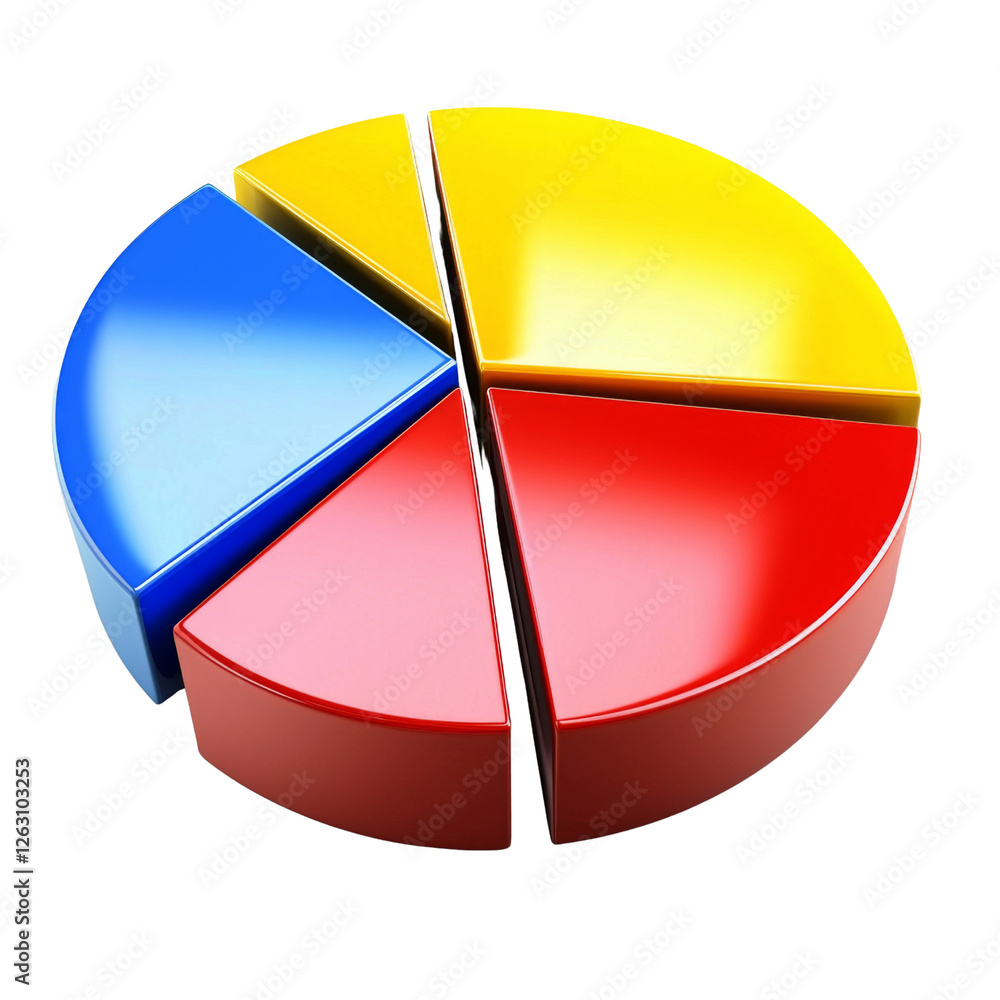 Poster colorful pie chart with four segments in blue, yellow, red, and glossy finish, representing data vis
