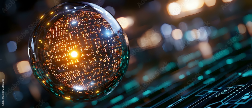 Poster glass sphere reflecting digital pattern with glowing orange light against dark background with bokeh