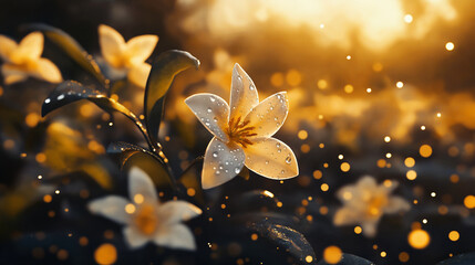 A cinematic macro shot of neroli flowers, water droplets clinging to the petals and leaves, refracting golden sunlight.