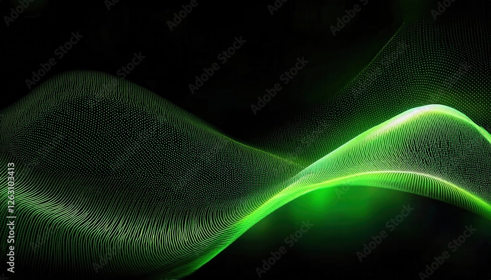 Poster futuristic green wave with digital particle flow on black background, abstract technology concept fo