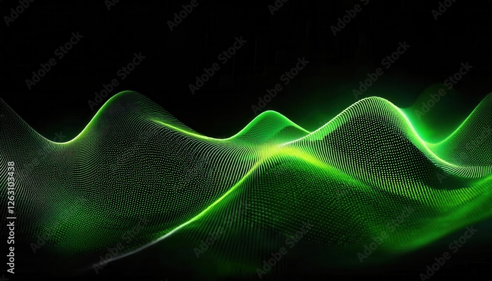Poster futuristic green wave with digital particle flow on black background, abstract technology concept fo