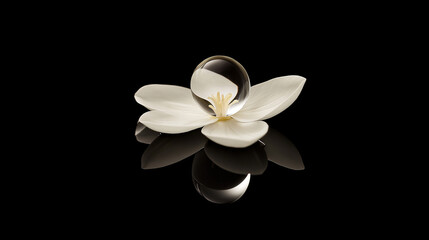 Fototapeta premium A single water droplet resting on a neroli petal, magnifying its delicate structure and reflecting a tiny world within.