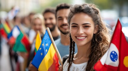 International students holding flags smiling at university campus
