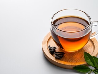 A clear glass cup filled with amber tea sits on a wooden coaster, accompanied by dark leaves and a sprig of green, against a minimalistic background.