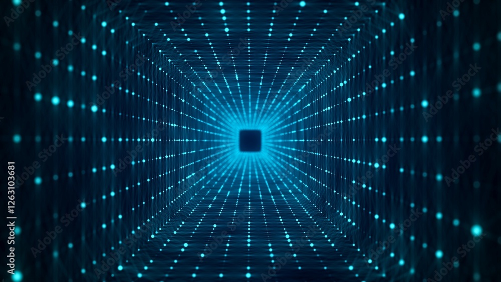 Aufkleber Abstract 3d twisted portal. Square tunnel or wormhole. Digital background with connected green dots. 3d rendering.