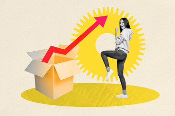 Exclusive art banner collage of happy businesswoman stand box arrow development progress chance...