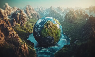 Fototapeta premium Earth in mountain lake; serene, realistic scene; digital art; environmental awareness; education; stock photo