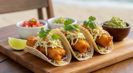 Delicious Fish Tacos with Coleslaw and Guacamole on a Wooden Board