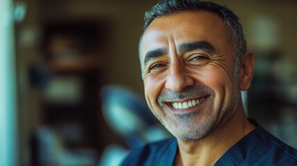 Fototapeta premium Smiling veterinarian with warm expression, embodying care and compassion in animal healthcare.