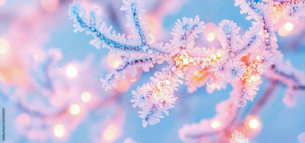 Poster Winter Holiday: Sparkling Frost on Tree Branch with Soft Bokeh Lights, Card Print