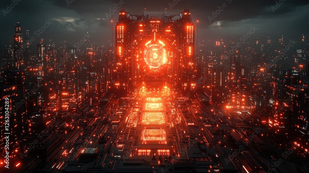 Poster futuristic cityscape with illuminated core structure
