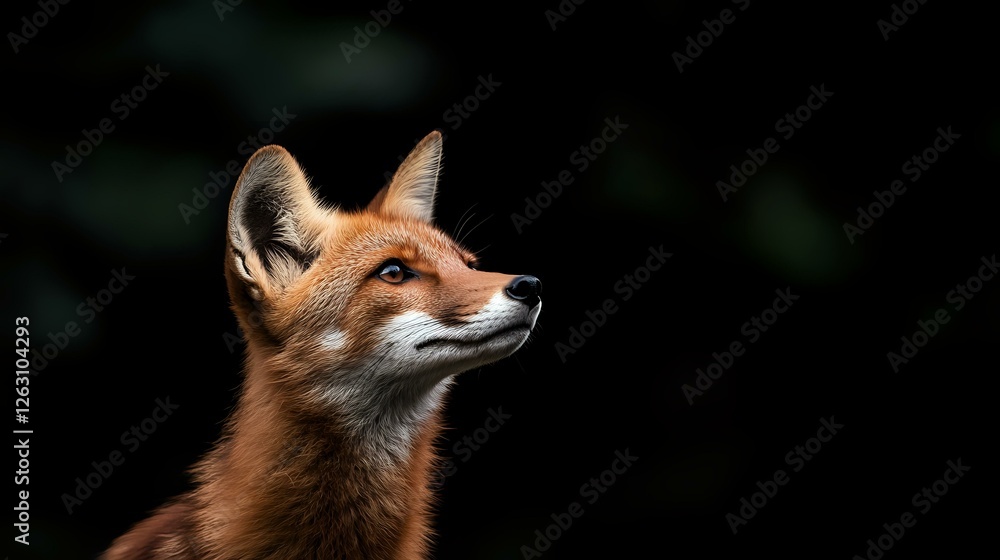 Poster red fox portrait against dark background shows alert expression and distinctive pointed ears. close-