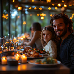 Father and daughter enjoying dinner at elegant restaurant