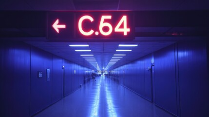 Neon gate sign points to dark airport corridor, blurry people in distance, travel use